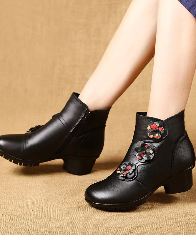 Fitted Splicing Chunky Ankle Boots Black Cowhide Leather