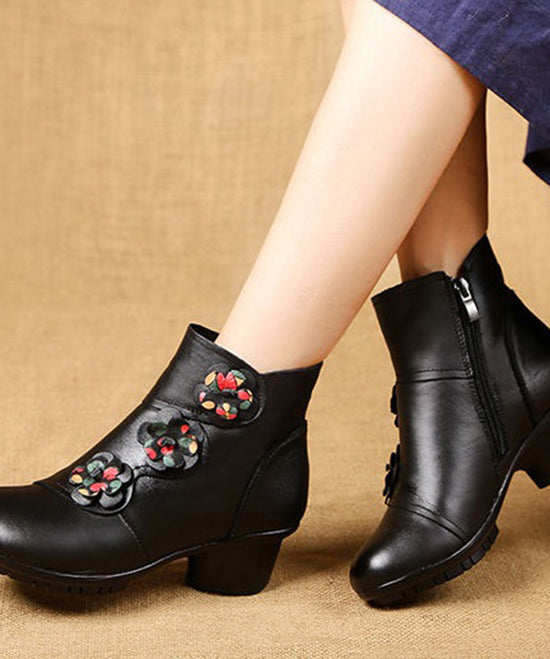 Fitted Splicing Chunky Ankle Boots Black Cowhide Leather
