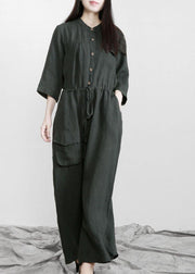 Fitted Tea Green Button Drawstring Fall Women Linen Jumpsuit Pants - SooLinen