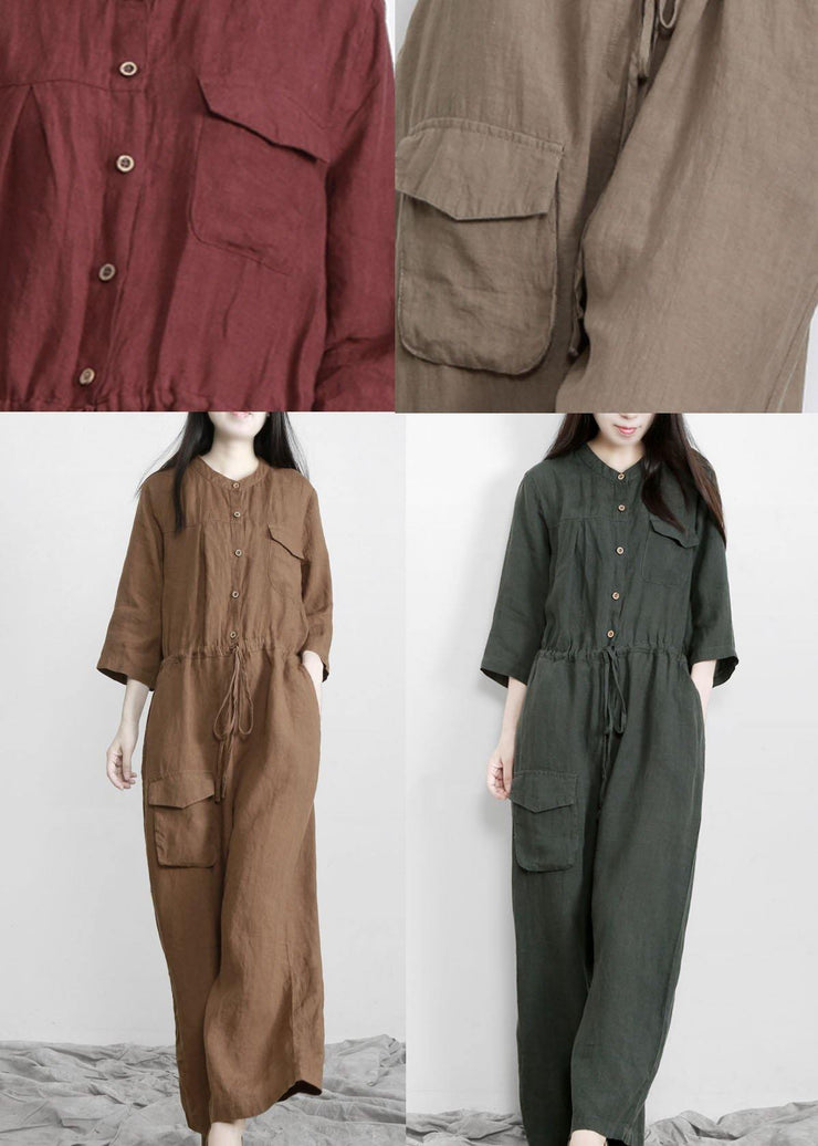 Fitted Tea Green Button Drawstring Fall Women Linen Jumpsuit Pants - SooLinen