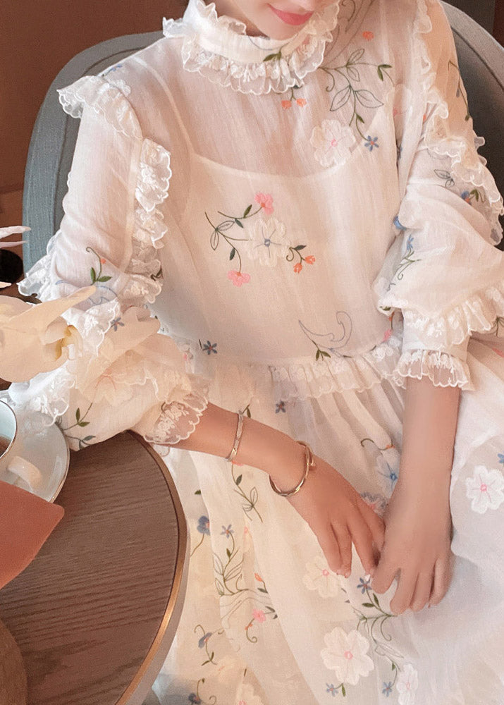 Fitted White Embroidered Floral Shirts And Maxi Skirts Two Pieces Set Spring