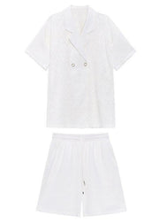 Fitted White Notched Button Down Two Pieces Set - SooLinen