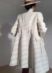 Fitted White O-Neck Button Pockets Woolen Coats Long Sleeve