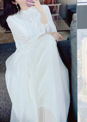 Fitted White O-Neck Embroidered Sequined Silk Maxi Dress Long Sleeve