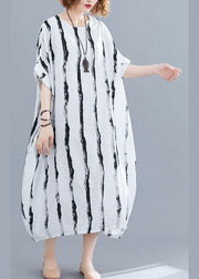 Fitted White O-Neck Striped Summer Robe Dresses - SooLinen