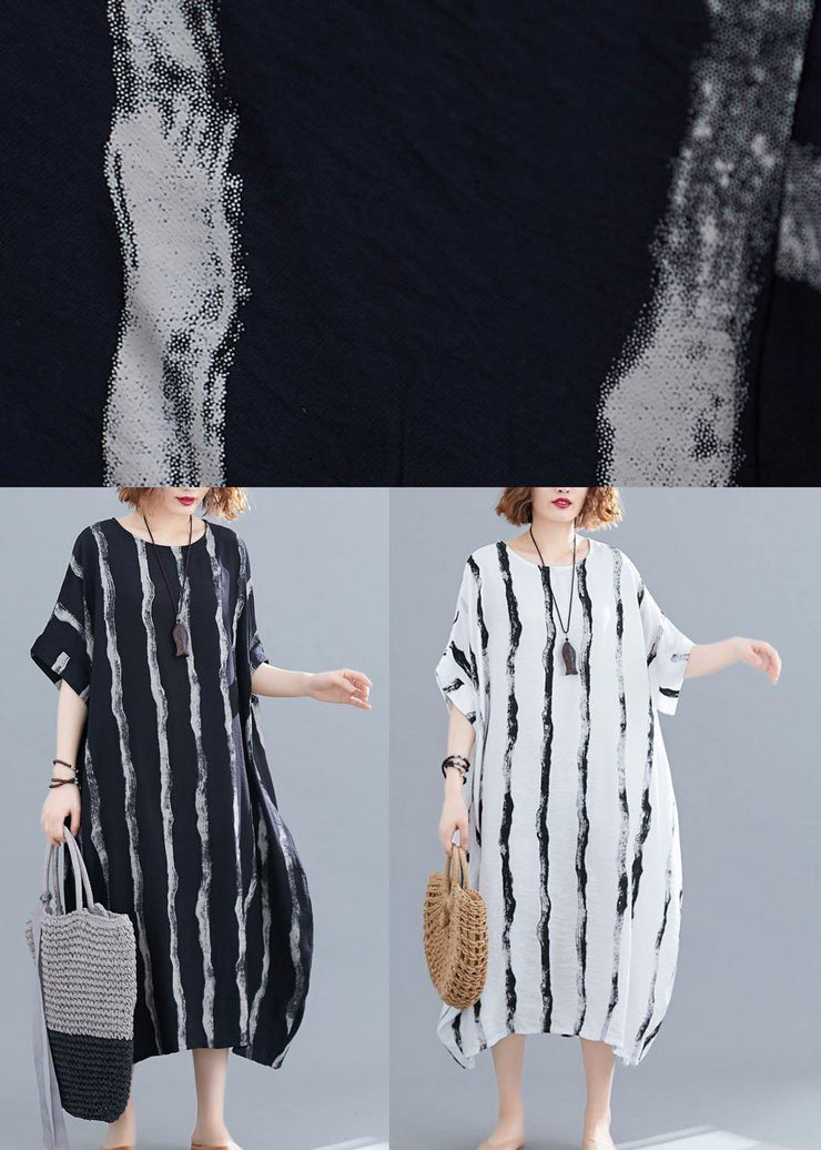 Fitted White O-Neck Striped Summer Robe Dresses - SooLinen