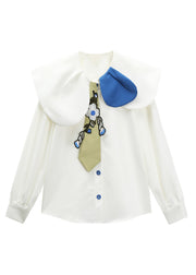 Fitted White Peter Pan Collar Embroidered Floral Button Satin Shirt Long Sleeve