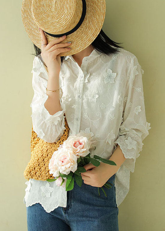 Fitted White Peter Pan Collar Floral Cotton Top Spring