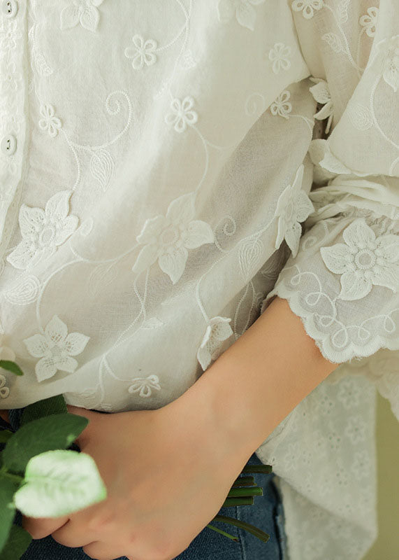 Fitted White Peter Pan Collar Floral Cotton Top Spring