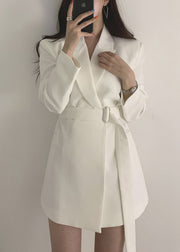 Fitted White Peter Pan Collar Pockets Coat Long Sleeve