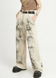 Fitted White Print High Waist Sashes Straight Pants Fall