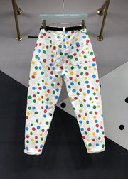 Fitted White Print Pockets Patchwork Denim Pants Fall