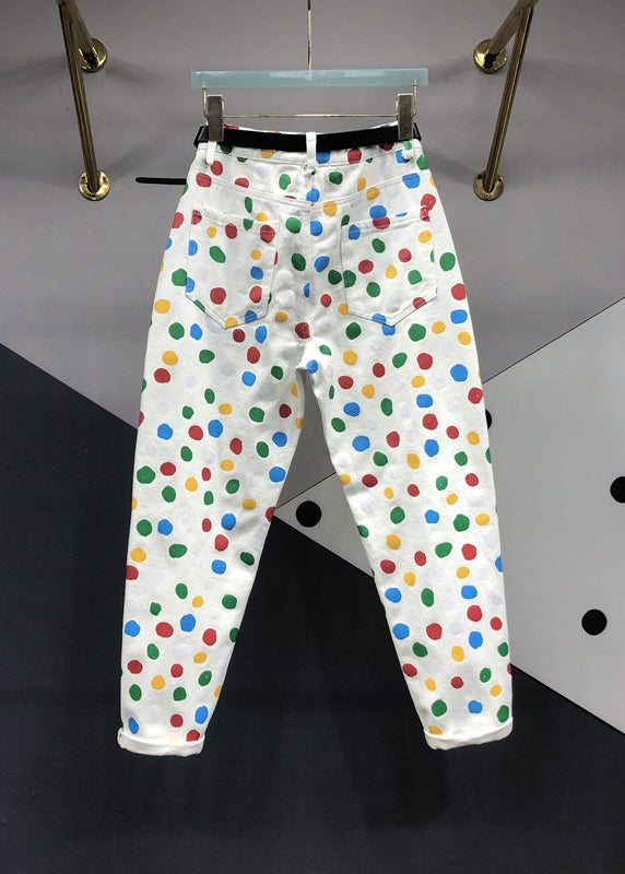 Fitted White Print Pockets Patchwork Denim Pants Fall