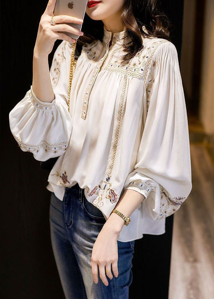 Fitted White Stand Collar Wrinkled Print Chiffon Shirts Long Sleeve