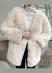 Taillierter weißer V-Ausschnitt mit Taschen Kunstpelzmantel Outwear Winter