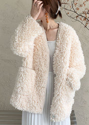 Fitted White V Neck Pockets Faux Fur Coat Outwear Winter