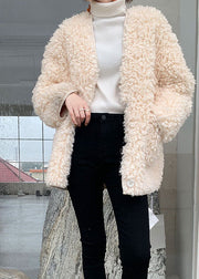 Fitted White V Neck Pockets Faux Fur Coat Outwear Winter