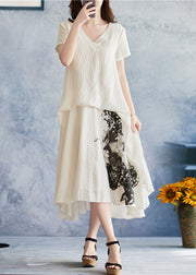 Fitted White asymmetrical design V Neck Print Holiday Dress Short Sleeve