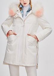 Taillierter weißer Waschbär-Haarkragen mit Kapuze, niedriges Design, Winter-Entendaunenmantel