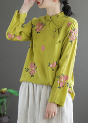 Tailliertes, gelbes Stehkragen-Blumenstickerei-Leinen-Blusenoberteil mit langen Ärmeln