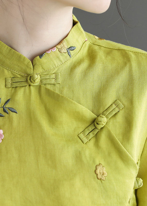 Tailliertes, gelbes Stehkragen-Blumenstickerei-Leinen-Blusenoberteil mit langen Ärmeln