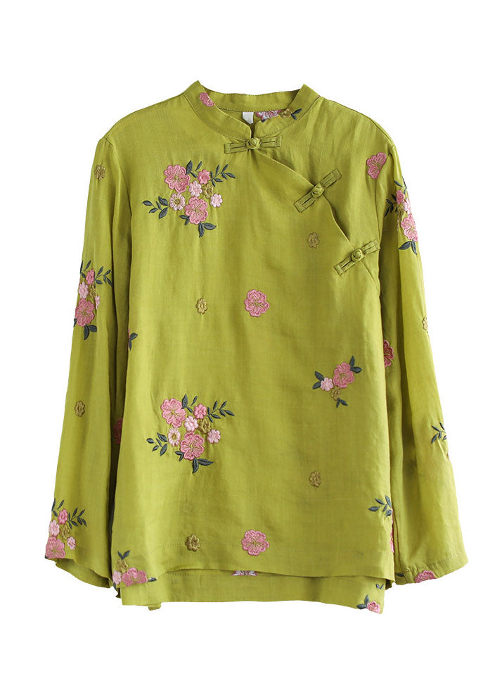 Fitted Yellow Mandarin Collar Floral Embroidered Linen Blouse Top Long Sleeve