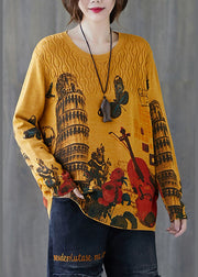 Fitted Yellow O-Neck Loose Print Fall Casual Knit Sweaters