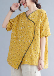 Taillierte gelbe Taschen Drucken asymmetrisches Design Herbst Shirt Tops halbe Ärmel