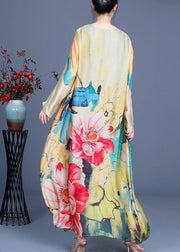 Fitted Yellow Print Long sleeve Chiffon Maxi Dresses Summer - SooLinen