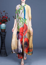 Fitted Yellow Print long Silk Summer Women Sets two Pieces - SooLinen