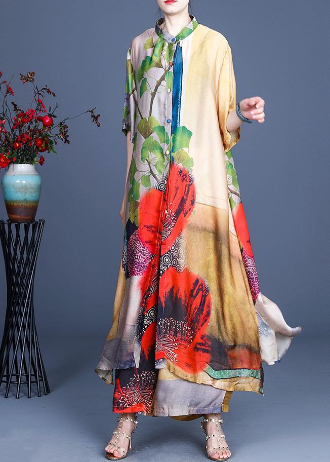 Fitted Yellow Print long Silk Summer Women Sets two Pieces - SooLinen