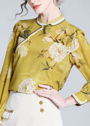 Fitted Yellow Stand Collar Print Silk Shirts Spring