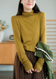 Fitted Yellow Turtle Neck Wrinkled Cotton Top Fall