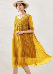 Fitted Yellow V Neck Hollow Out Spring Maxi Dress Short Sleeve - SooLinen