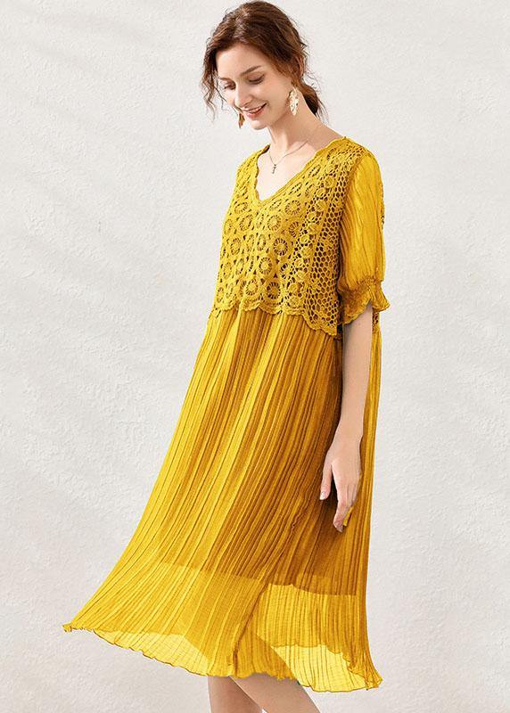 Fitted Yellow V Neck Hollow Out Spring Maxi Dress Short Sleeve - SooLinen