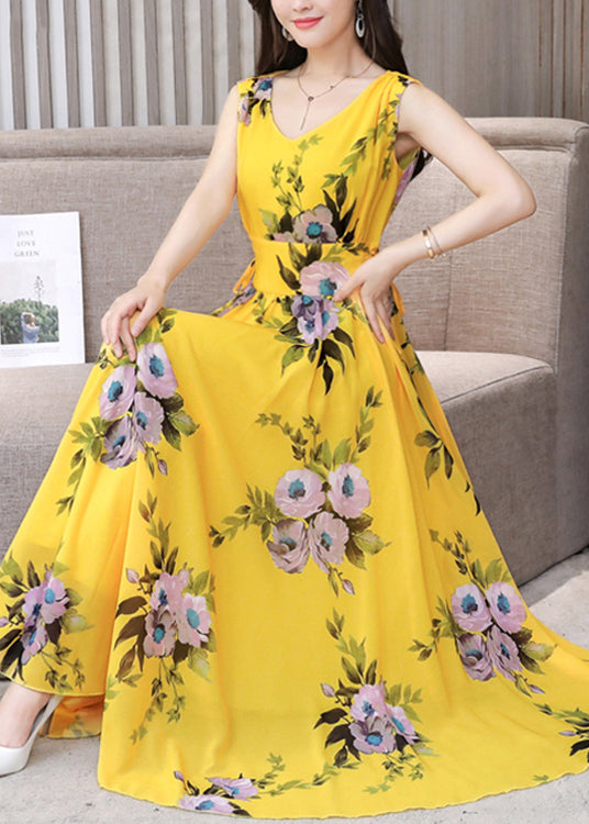 Fitted Yellow V Neck Print Chiffon Long Dress Summer