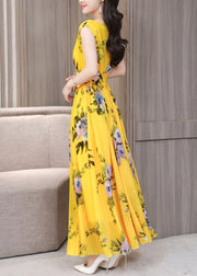 Fitted Yellow V Neck Print Chiffon Long Dress Summer