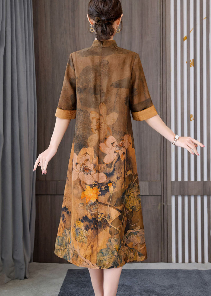 Fitted Yellow Zippered Stand Collar Chinese Style Silk Dress Short Sleeve