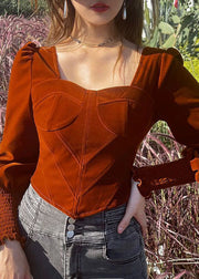 Tailliertes rotes Bustier-Oberteil mit quadratischem Kragen, Baumwoll-Hemdoberteil mit Laternenärmeln