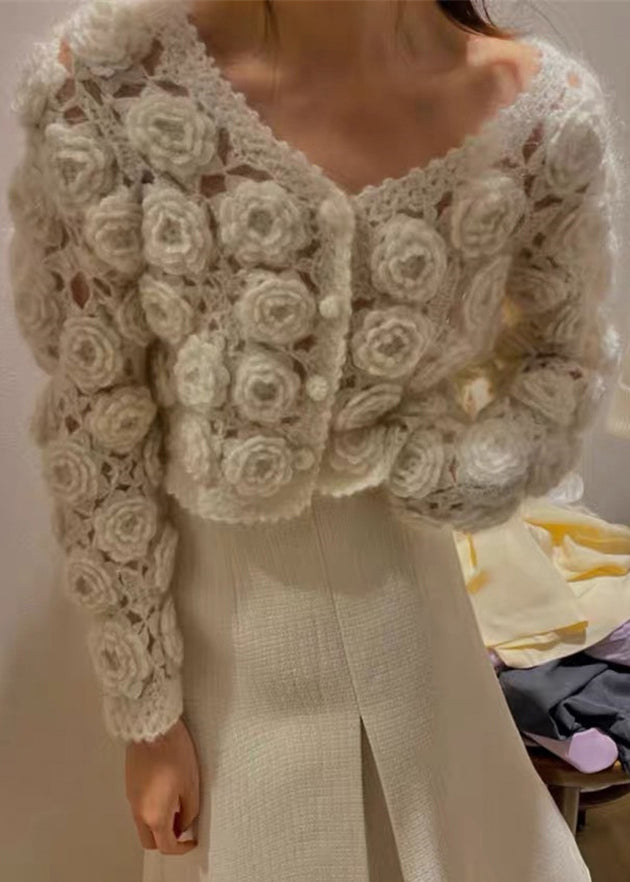 Floral Beige Button Hollow Out Cotton Knit Coats Spring