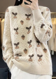 Floral Beige O Neck Cozy Cotton Knit Sweaters Long Sleeve