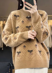 Floral Beige O Neck Cozy Cotton Knit Sweaters Long Sleeve