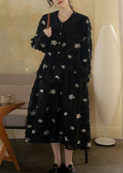 Floral Black Peter Pan Collar Embroideried Cotton Long Dress Spring