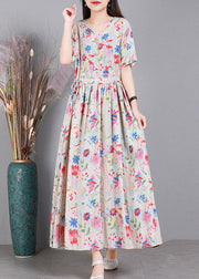 Floral Colour V Neck Print Wrinkled Linen Dress Short Sleeve