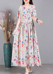Floral Colour V Neck Print Wrinkled Linen Dress Short Sleeve