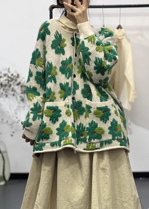 Floral Green Button Pockets Cotton Knit Coats Long Sleeve