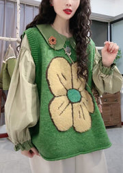 Floral Green O Neck Patchwork Cozy Knit Waistcoat Sleeveless