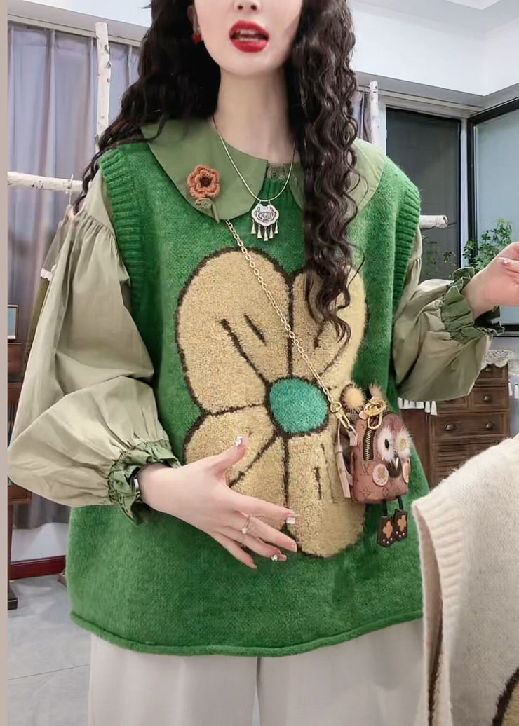 Floral Green O Neck Patchwork Cozy Knit Waistcoat Sleeveless