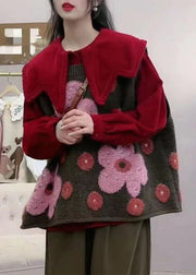 Floral Grey O Neck Cozy Cotton Knit Waistcoat Sleeveless