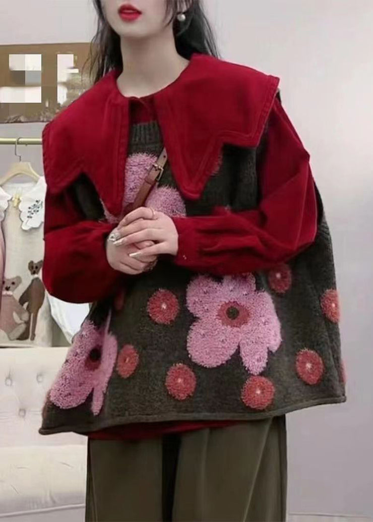 Floral Grey O Neck Cozy Cotton Knit Waistcoat Sleeveless